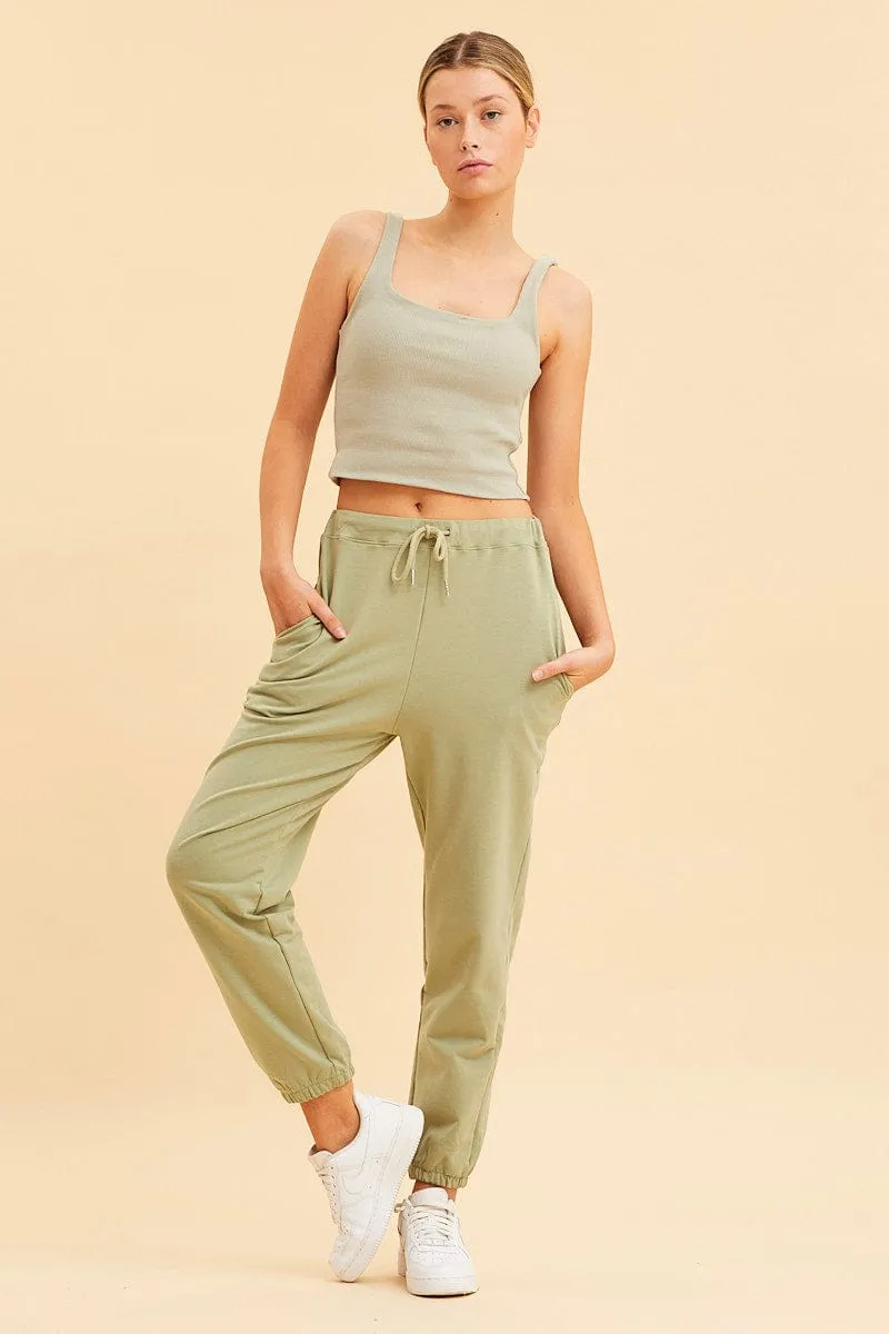 Green Crop Tank Square Neck Cotton Blend Rib WrinkleFree Material Cozy Pullover