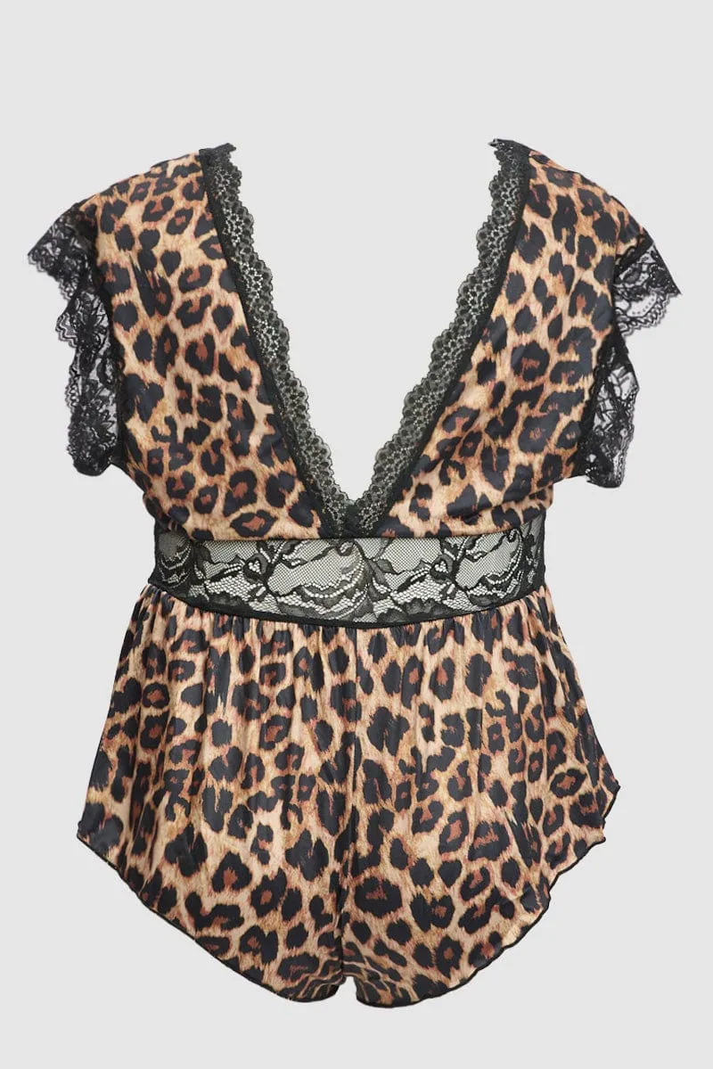 Tailored Fit Fashion Forward Brown Animal Print Lace Trim Bodysuit Lingerie