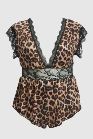FourWayStretchClothing Brown Animal Print Lace Trim Bodysuit Lingerie