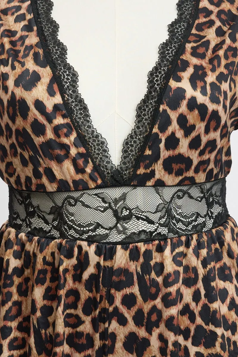 Brown Animal Print Lace Trim Bodysuit Lingerie KnotFree Tailoring NonRestrictiveCut