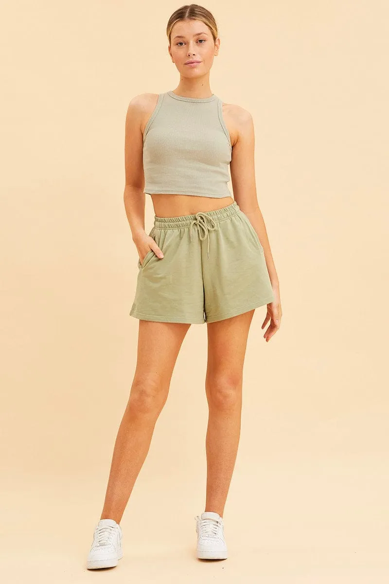 Feather Glow WindproofInterior Green Cropped Tank Cotton Blend Rib High Neck Racer Back