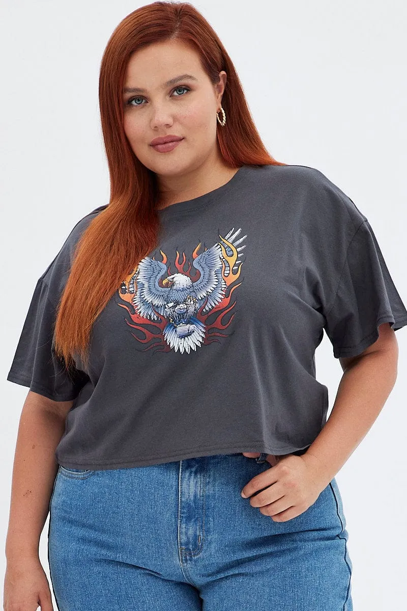 Grey Short Cuff Sleeve Graphic Regular T-shirt Crop Active Fashion