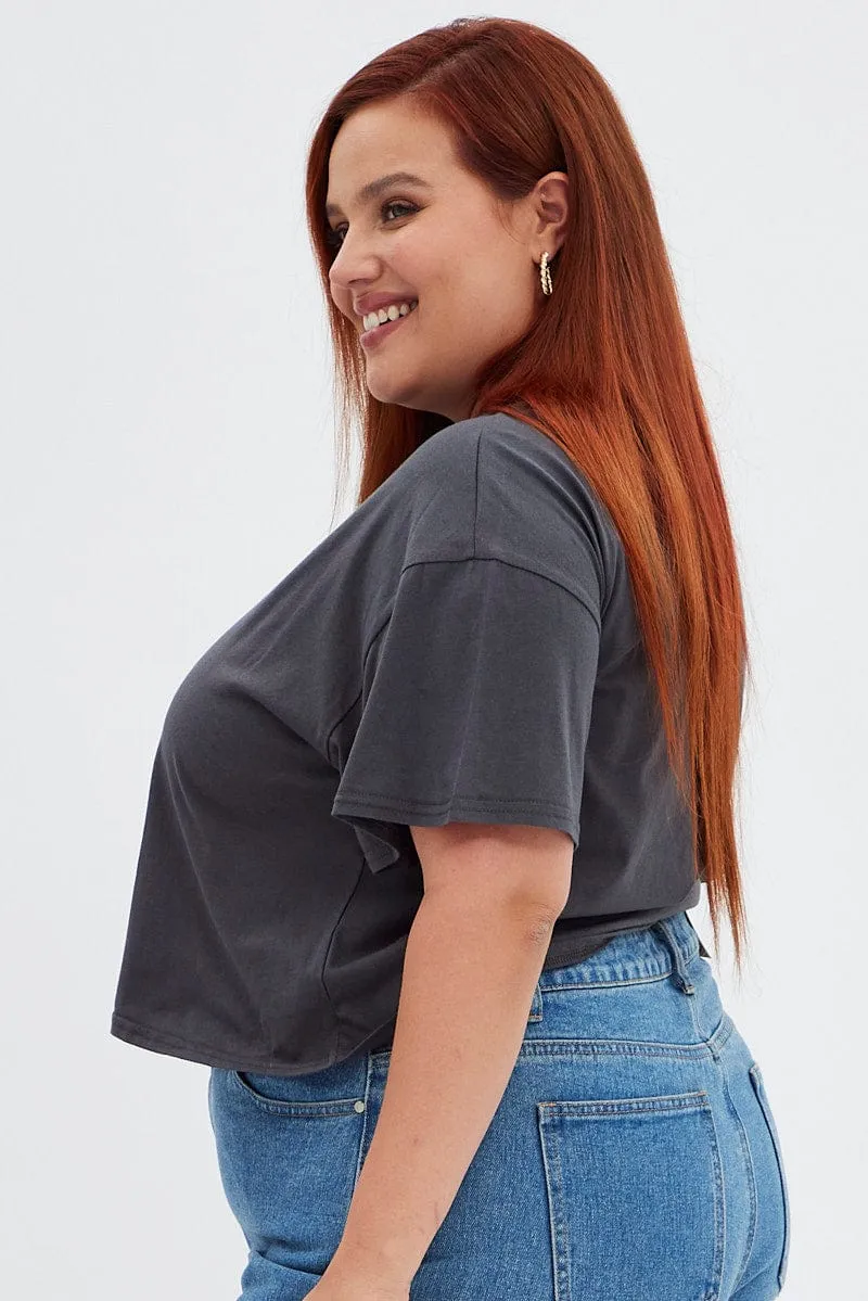 graduation Trendy Fashion Grey Short Cuff Sleeve Graphic Regular T-shirt Crop