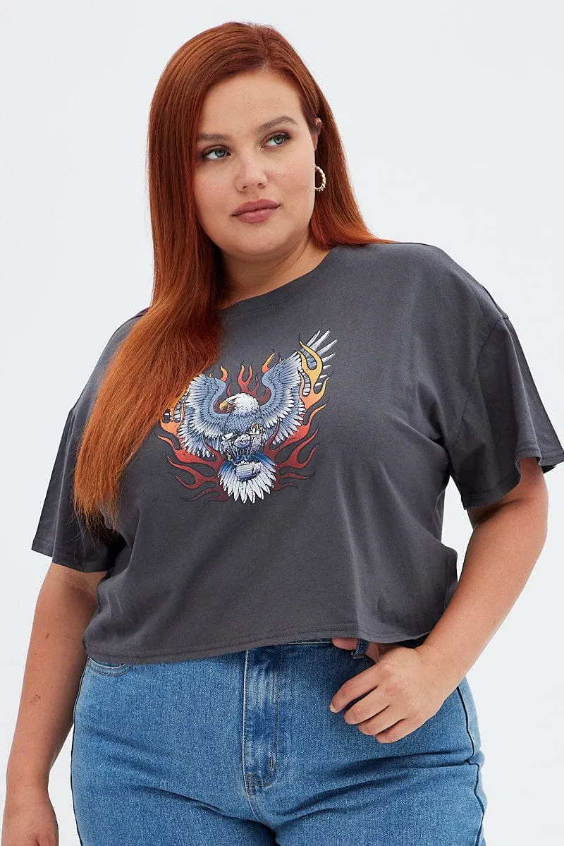 Grey Short Cuff Sleeve Graphic Regular T-shirt Crop Travel Comfort
