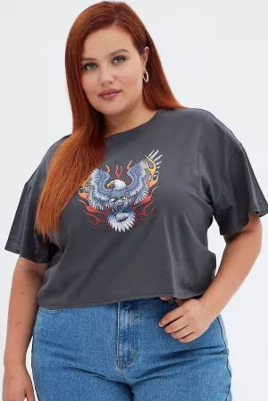 Grey Short Cuff Sleeve Graphic Regular T-shirt Crop Active Fashion