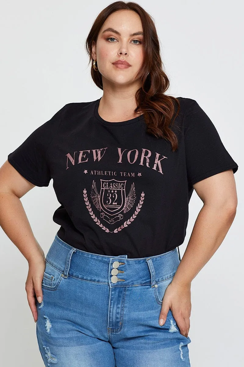 Black Graphic T-shirt New York Crew Neck Short Sleeve Everyday Look Wear