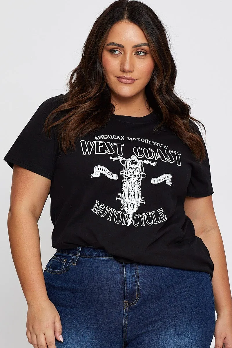 Black Graphic T-shirt West Coast Short Sleeve Cotton Formal Style TaglessDesign