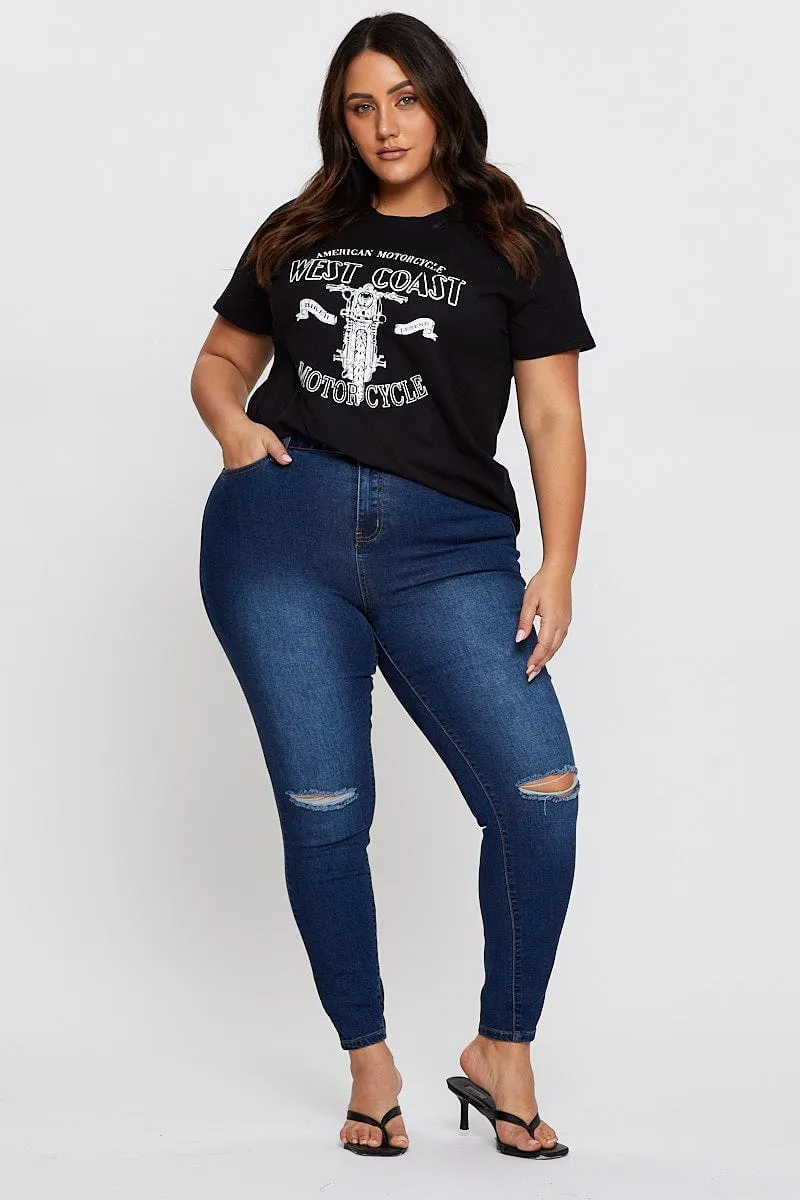 Black Graphic T-shirt West Coast Short Sleeve Cotton Active Trend Minimalistic Wear