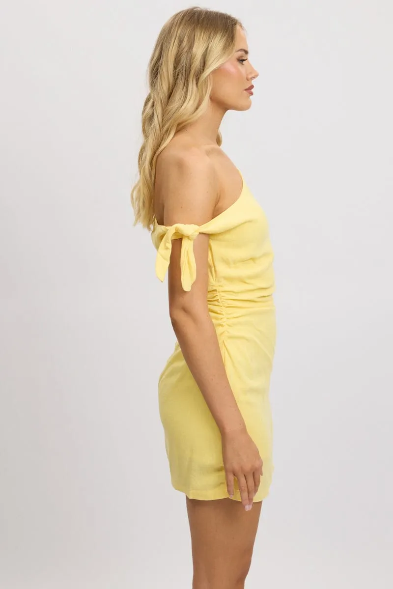 Yellow Bodycon Dress Tie up Shoulder Linen AI Style LowProfile