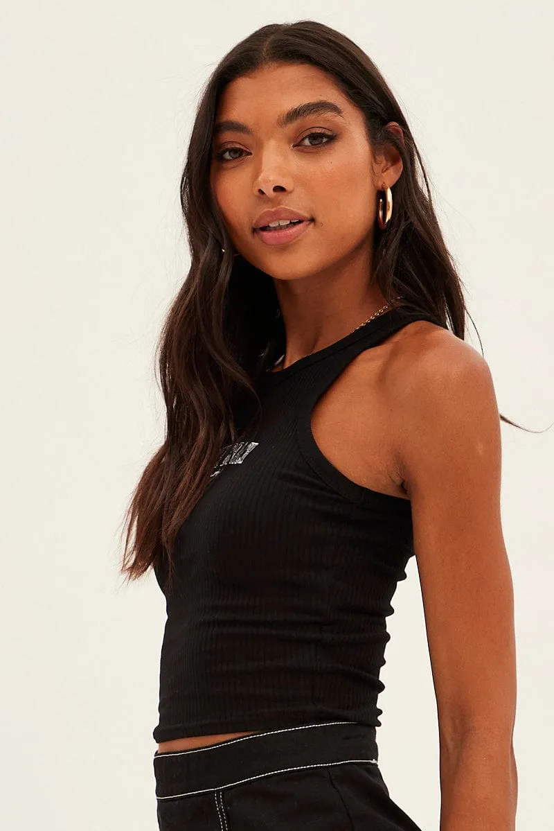 Black Crop Tank Embroidered Sleeveless Relaxed T-shirt