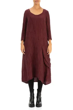 WaterRepellent Coating Side Pocket Crinkled Burgundy Silk Linen Dress