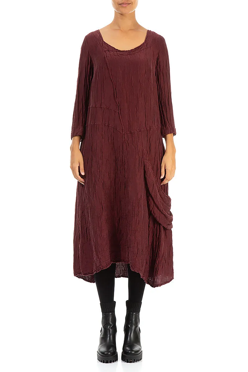 Sustainable Wear Event Vibe Side Pocket Crinkled Burgundy Silk Linen Dress