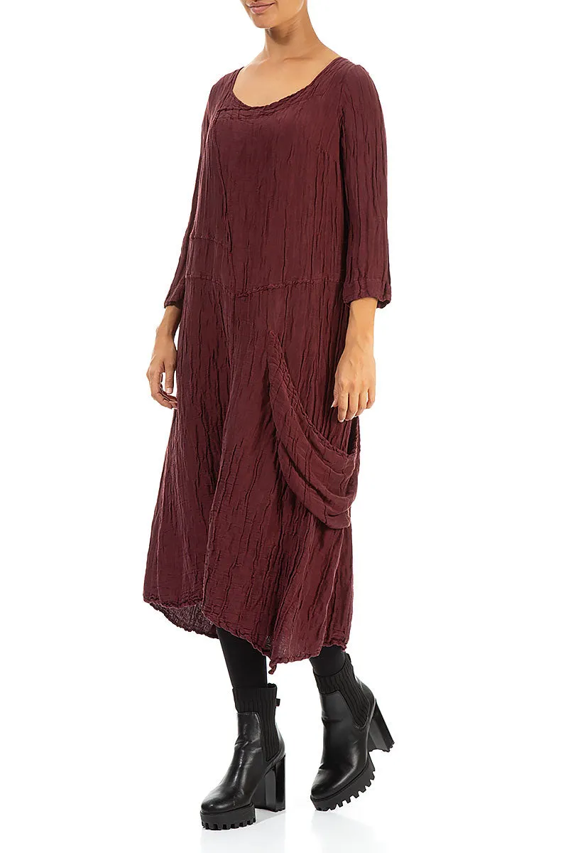 Reinforced Knees Side Pocket Crinkled Burgundy Silk Linen Dress