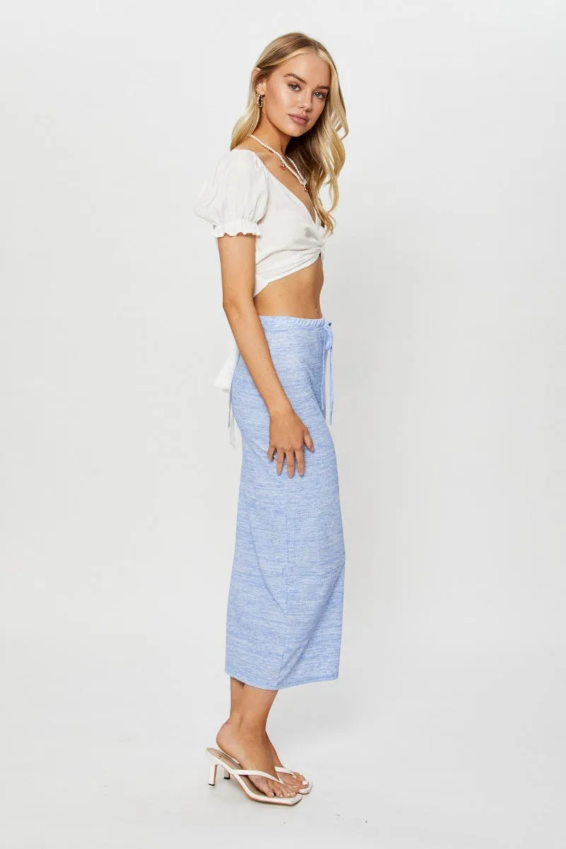 Blue Ribbed Bodycon Midi Skirt Satin feel Clean Style