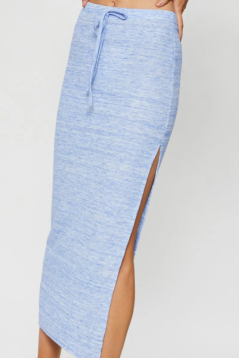 Crisscross Back Blue Ribbed Bodycon Midi Skirt