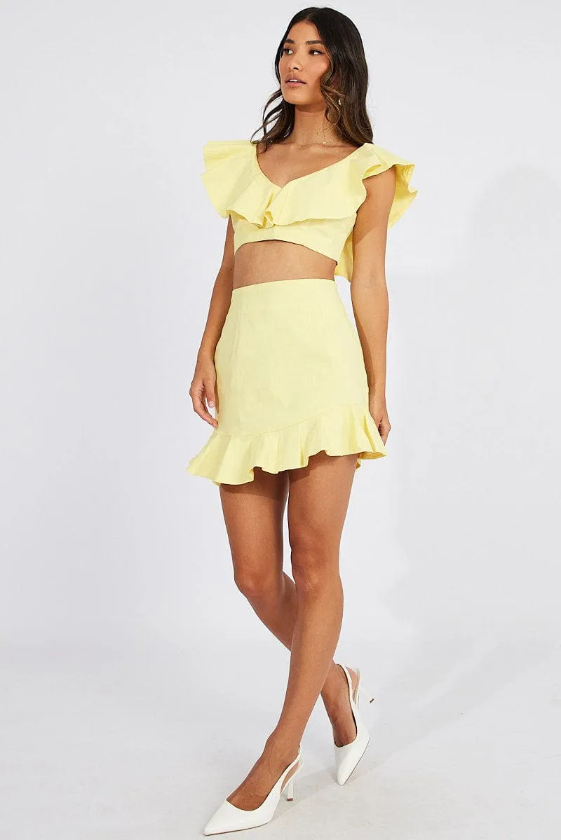 Yellow Ruffle Mini Skirt Swishy Crossback Strap All Season Wear