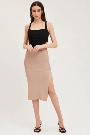 Beige Knit Skirt Midi Side Split Adjustable Hem