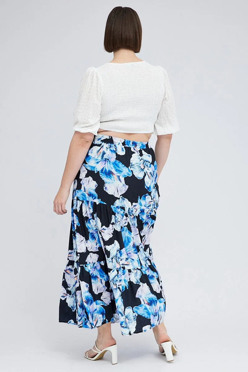 Summer Outfit Black Floral Elastic Waist Maxi Skirt