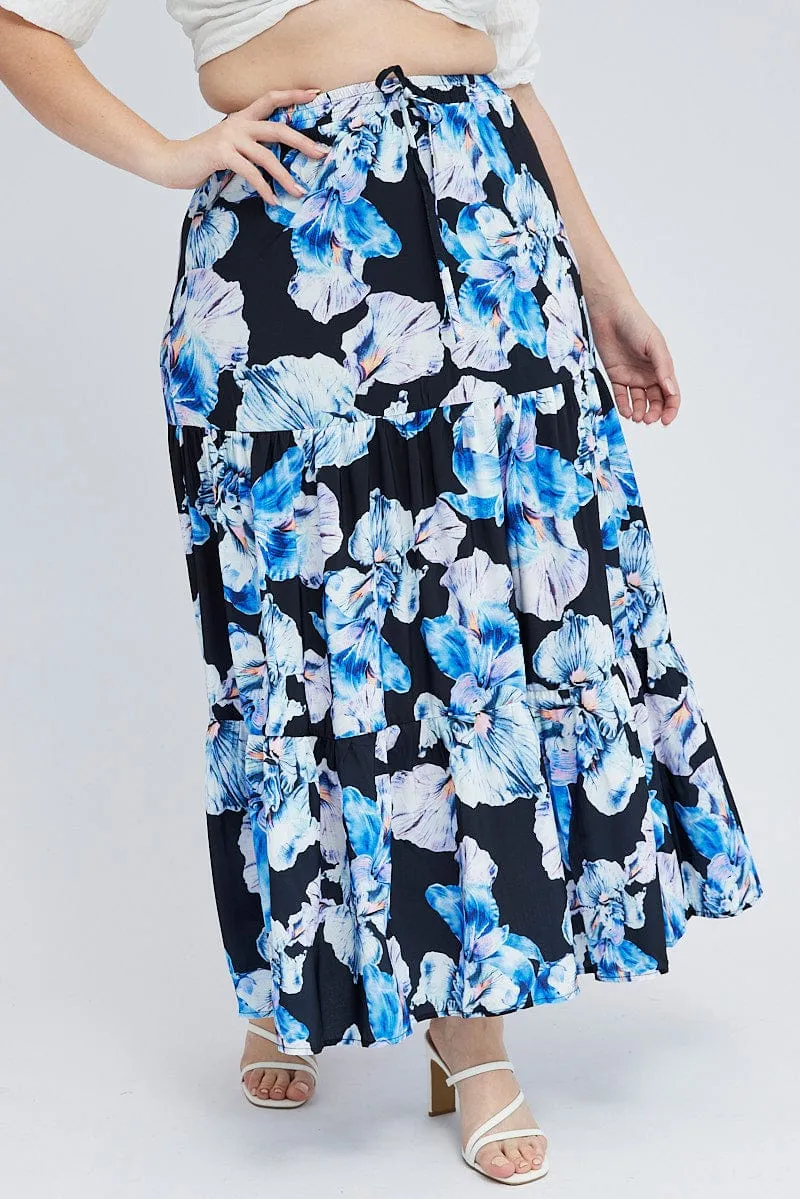Back Slit Jewel Tones Black Floral Elastic Waist Maxi Skirt