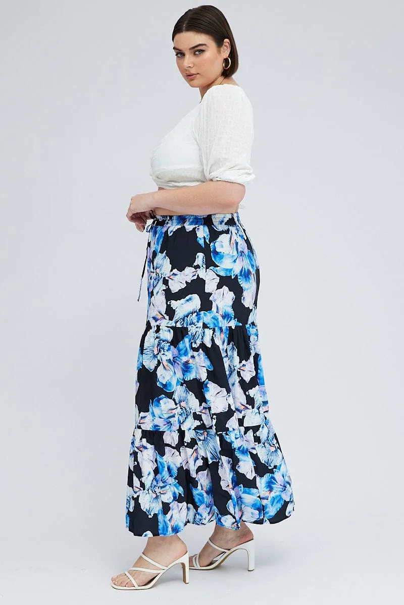 Tonal Look Refined Style Black Floral Elastic Waist Maxi Skirt