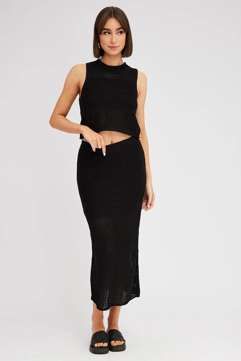 Black Knit Skirt Midi Crochet Sharp Look Runway Ready