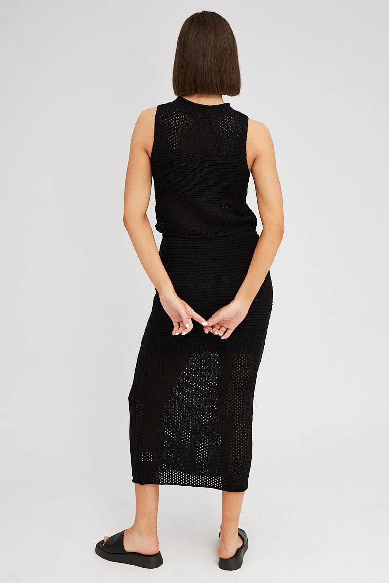 raw hem Black Knit Skirt Midi Crochet
