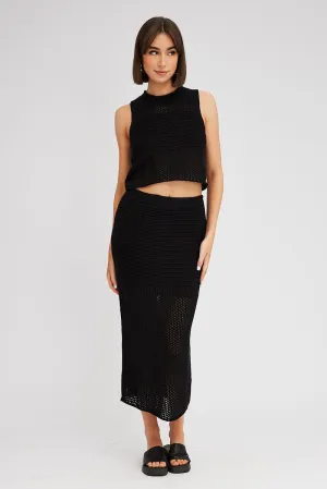 Black Knit Skirt Midi Crochet Thermoregulating Fabric Water Repellent Finish