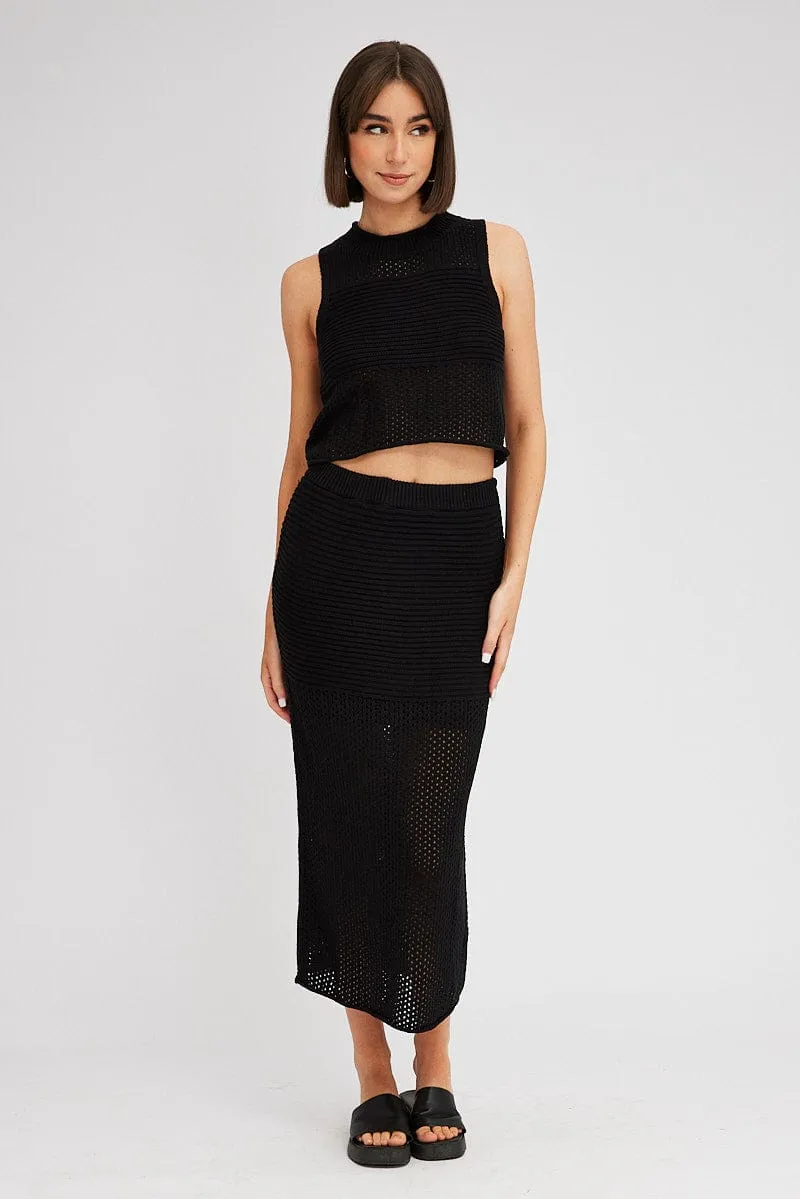 Black Knit Skirt Midi Crochet Thermoregulating Fabric Water Repellent Finish