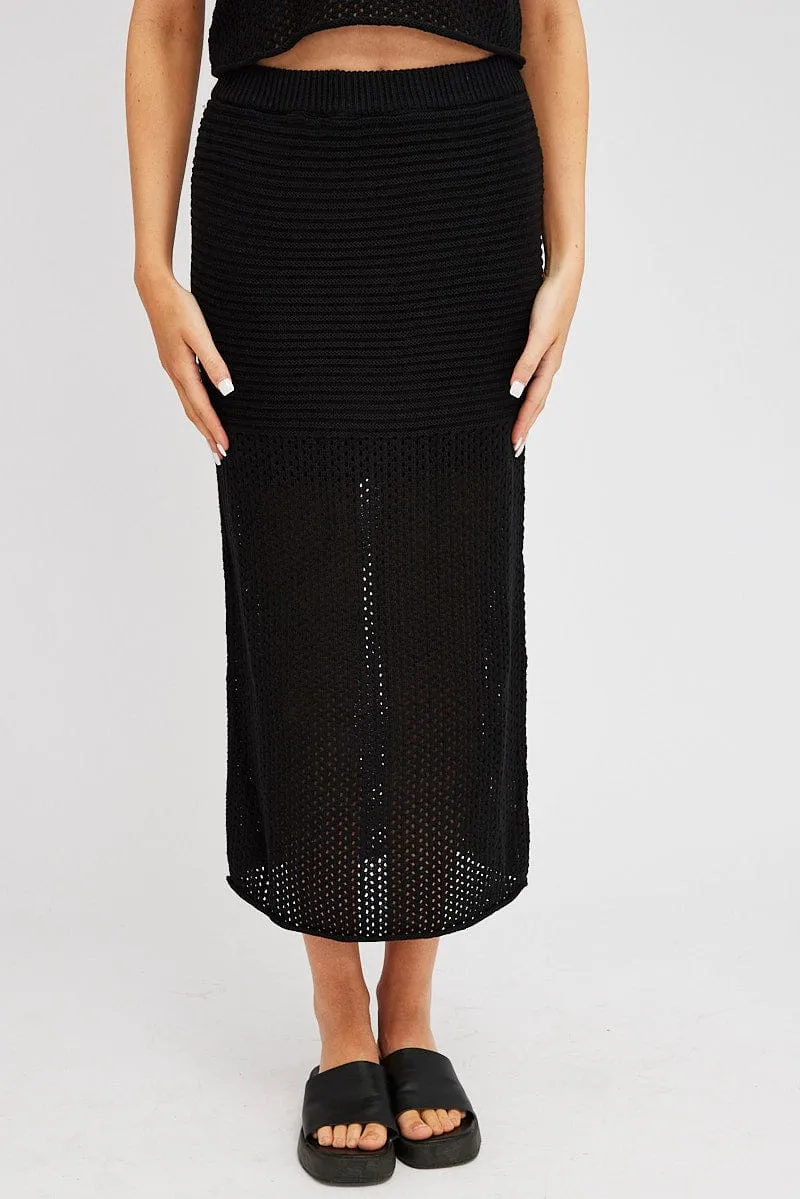 Black Knit Skirt Midi Crochet Satin feel