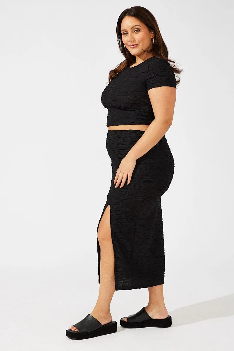 Comfy Fit Sustainable Fabric Black Wavy Texture Bodycon Split Skirt