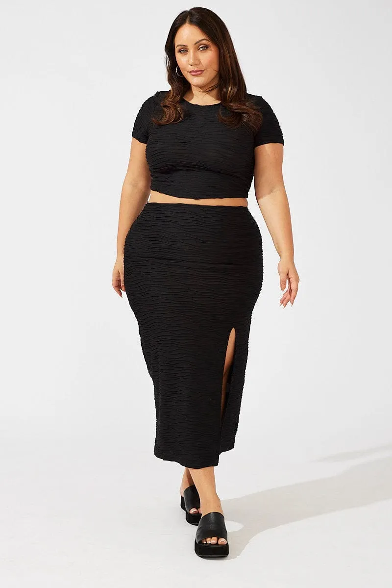 Black Wavy Texture Bodycon Split Skirt Fashion Collab Trendy Style