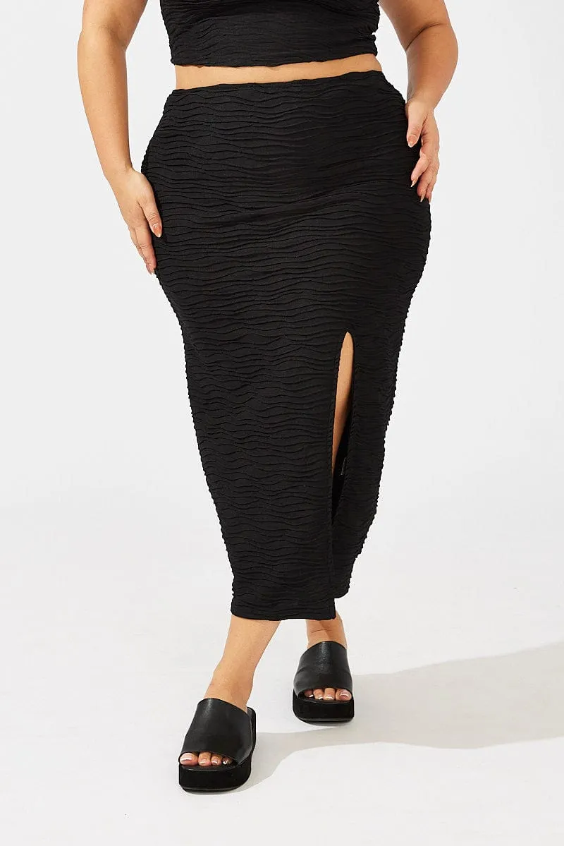 Sustainable Soft Tones Black Wavy Texture Bodycon Split Skirt
