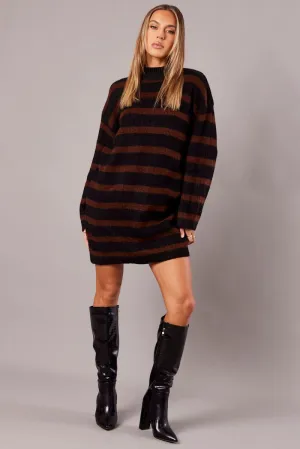 Versatile Layering Tie Back Closure System Brown Stripe Knit Jumper Dress Mini