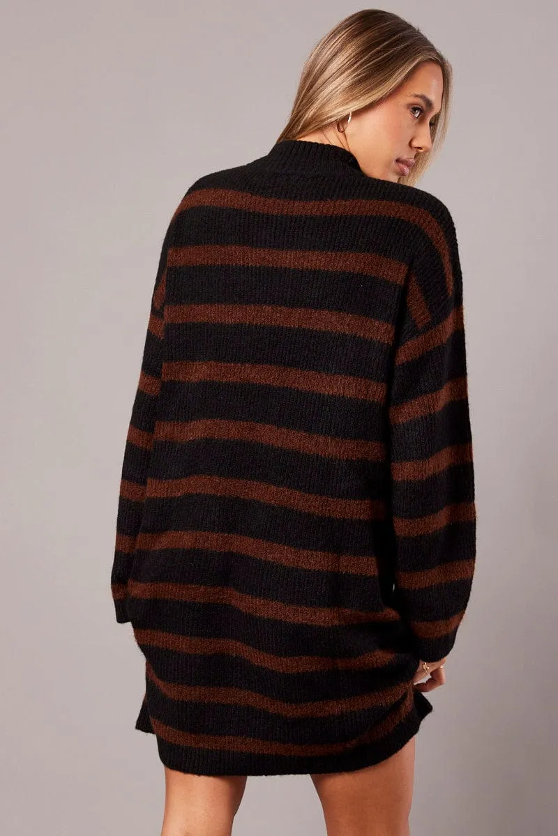 Brown Stripe Knit Jumper Dress Mini Urban Warm