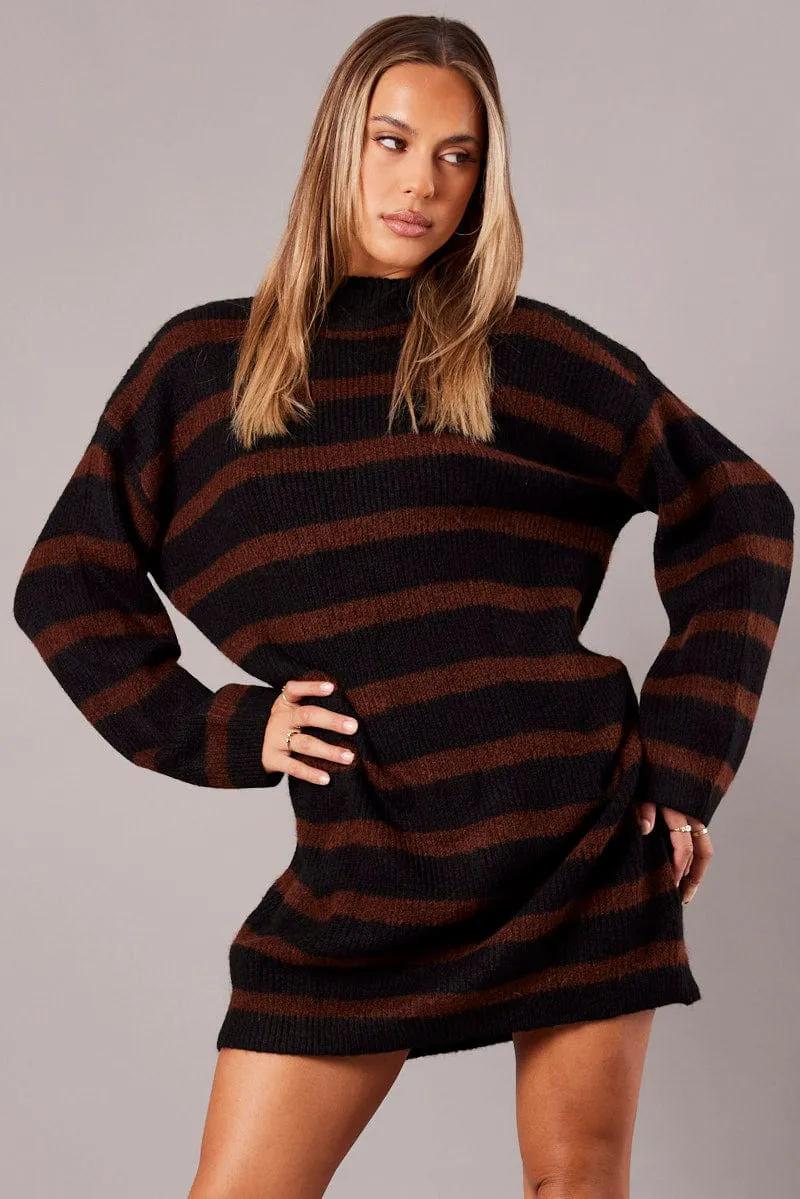 Brown Stripe Knit Jumper Dress Mini A Line Silhouette Vibrant Chic