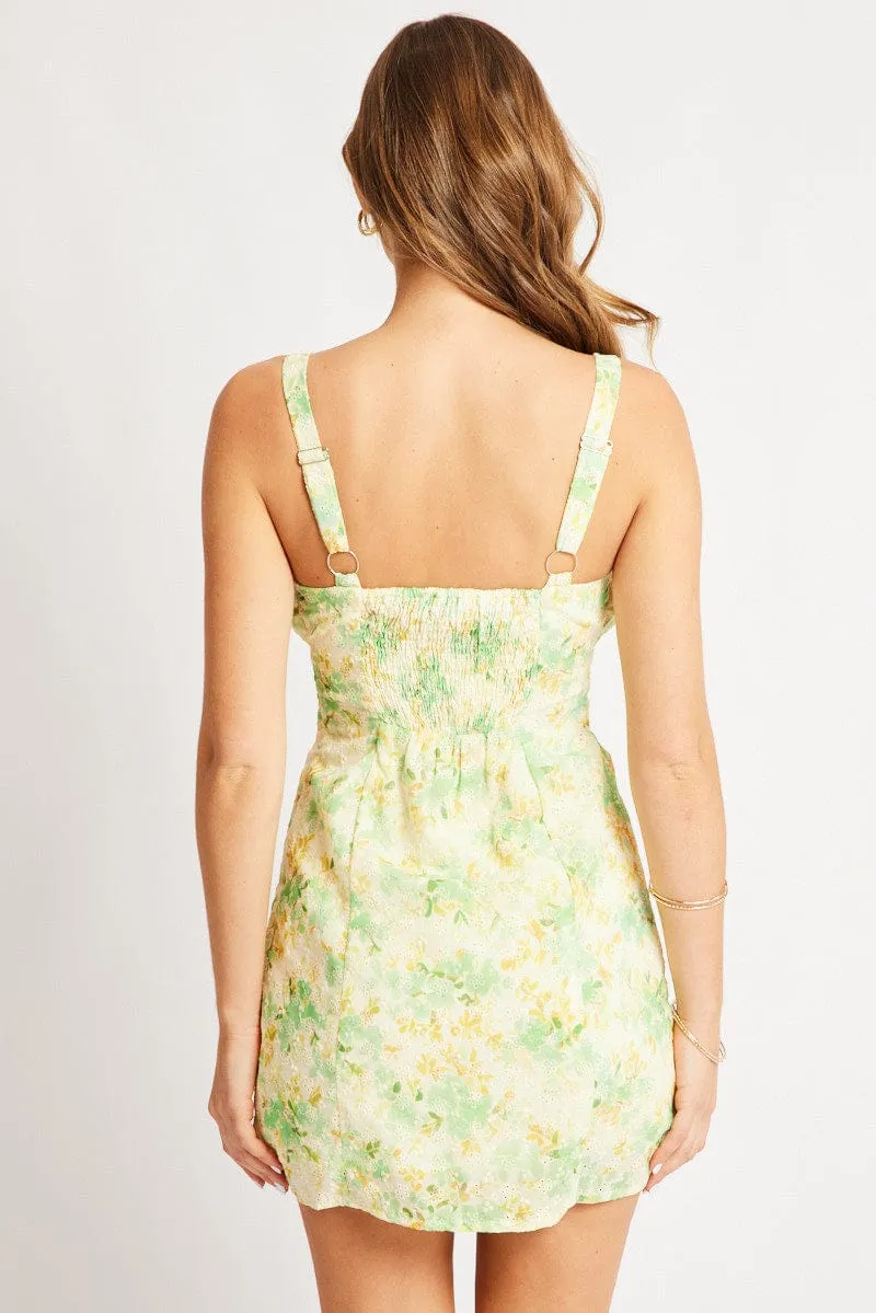 Bar Pop Vibrant Fashion Green Floral Mini Dress Ruched Bust