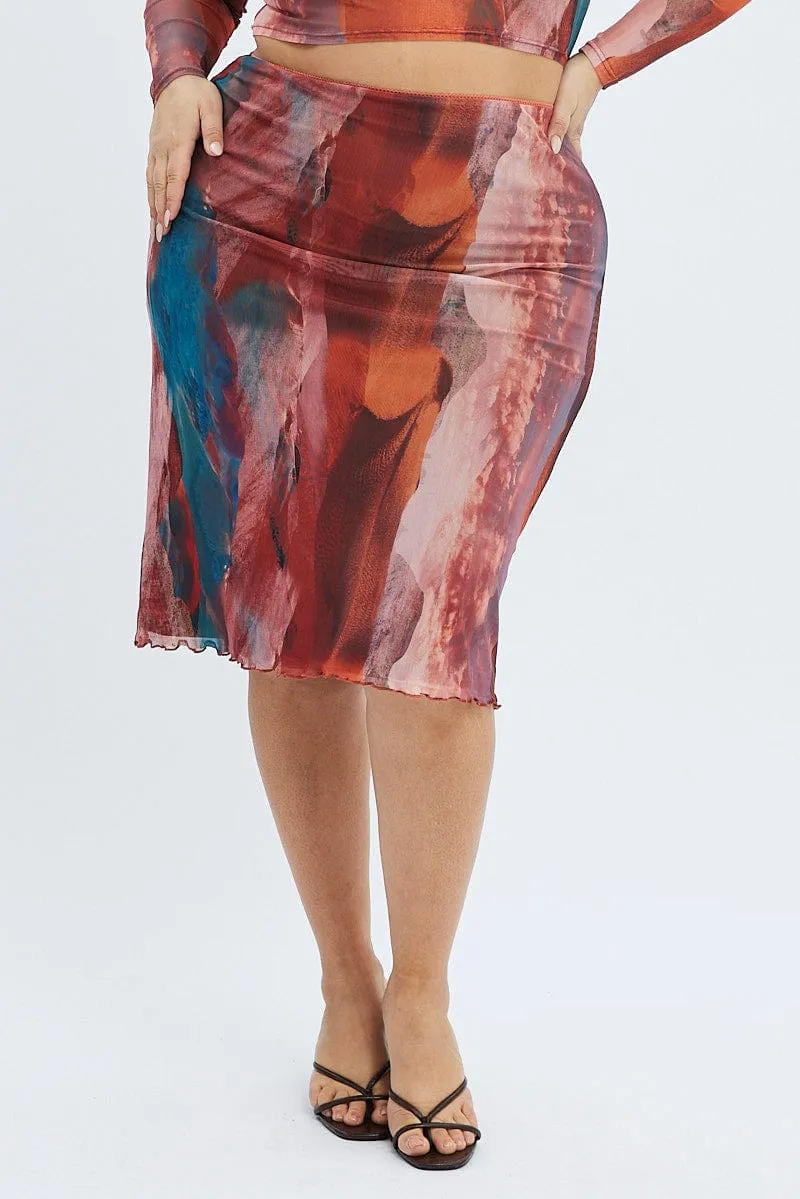 Detachable Tie Elegant Feel Multi Abstract Midi Skirt Mesh Landscape