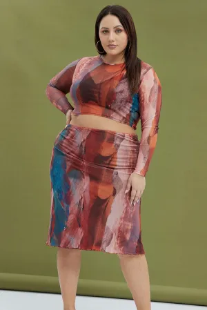 Sporty Casual Multi Abstract Midi Skirt Mesh Landscape