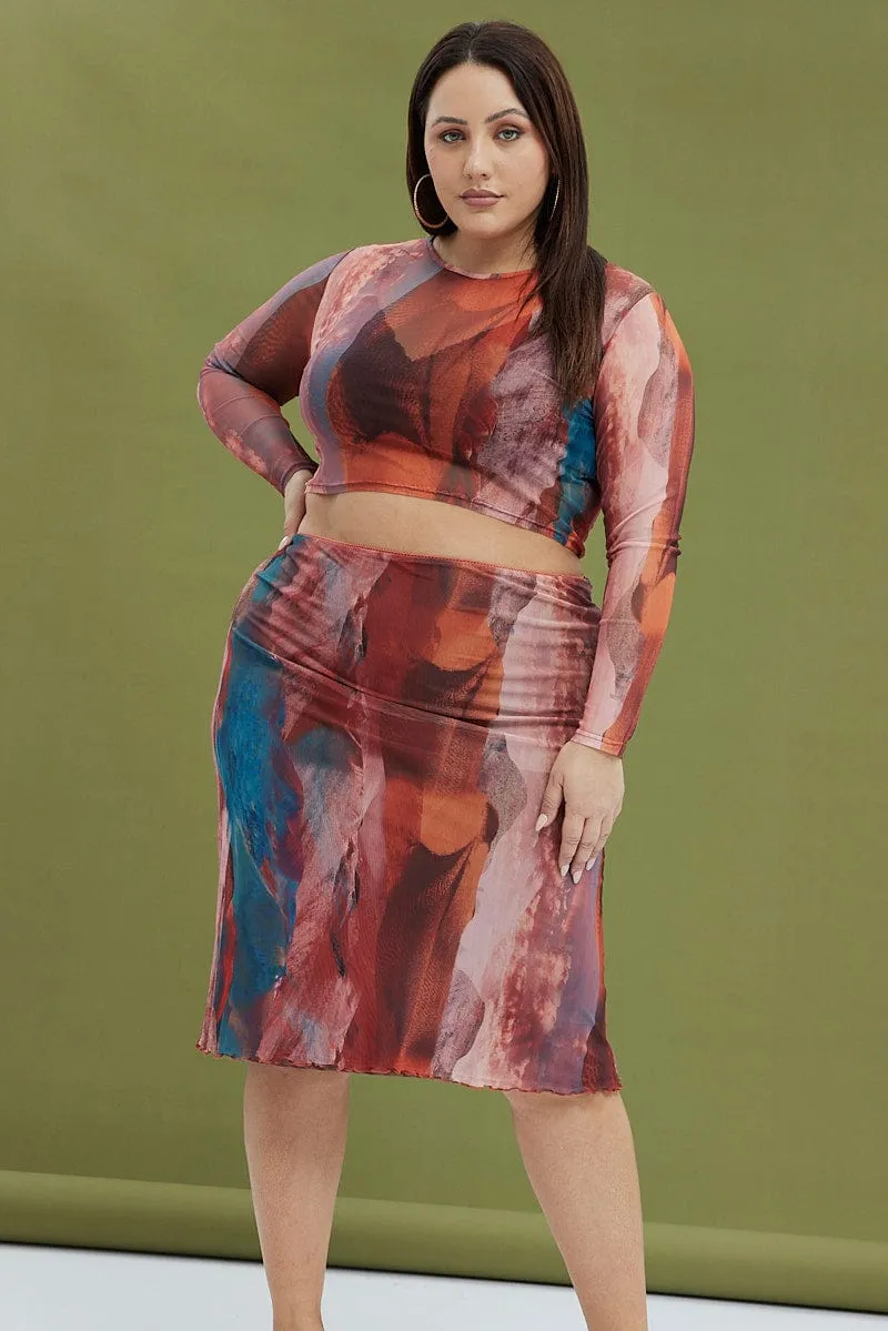 Sporty Casual Multi Abstract Midi Skirt Mesh Landscape