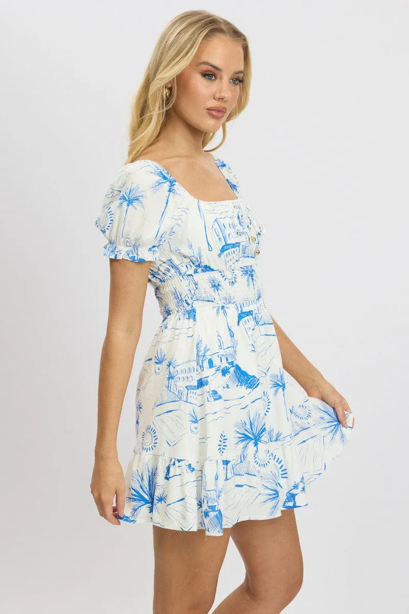 Blue Abstract Fit And Flare Dress Mini Casual Fashion Look