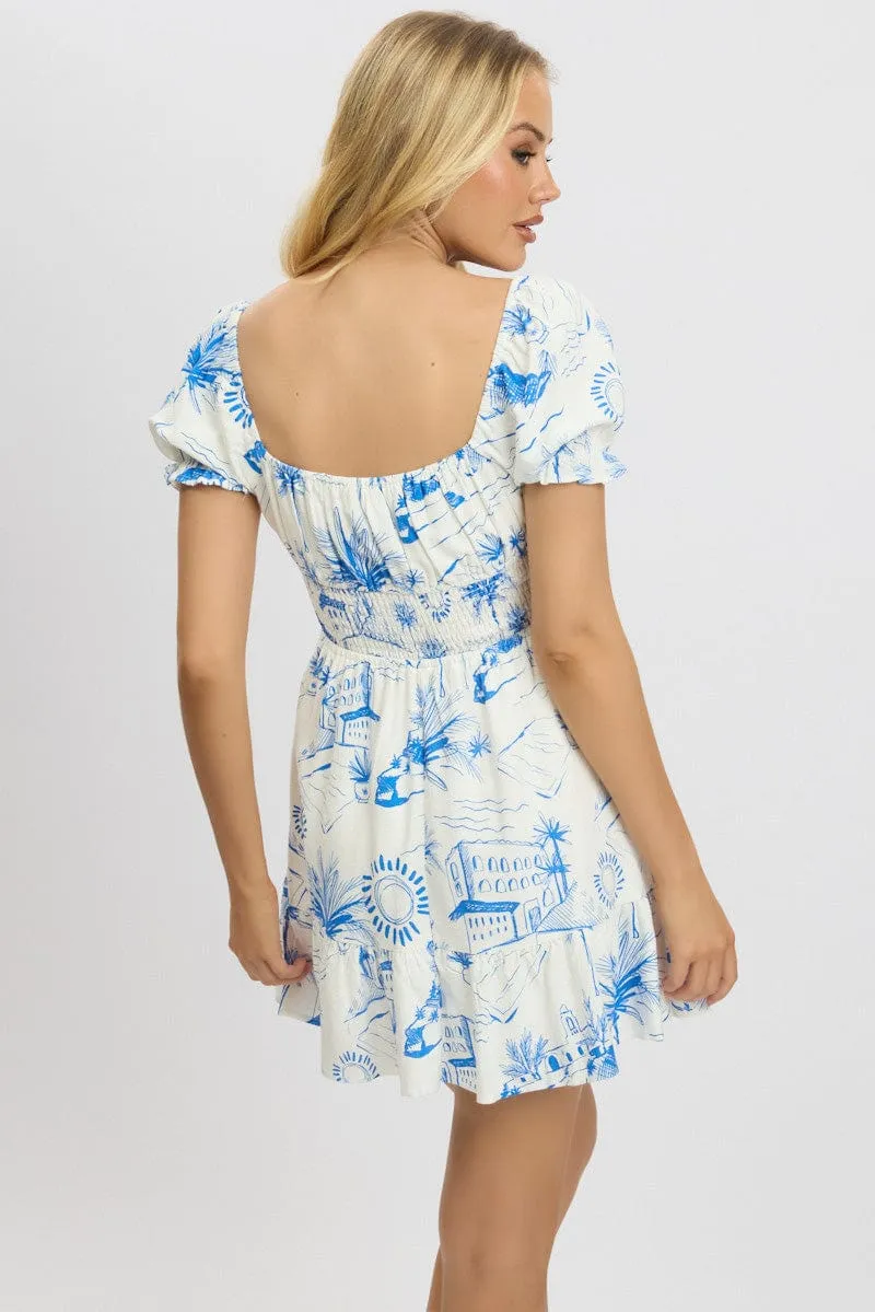 Blue Abstract Fit And Flare Dress Mini Look Hot