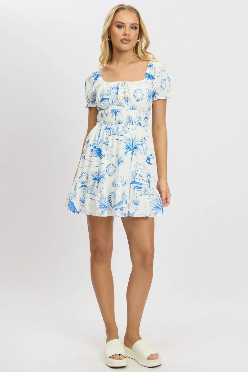 Comfy chic Blue Abstract Fit And Flare Dress Mini