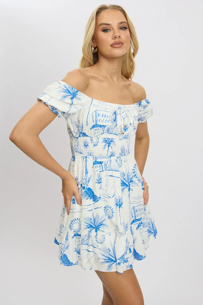 Blue Abstract Fit And Flare Dress Mini Lightweight party mini Twist Front Draping