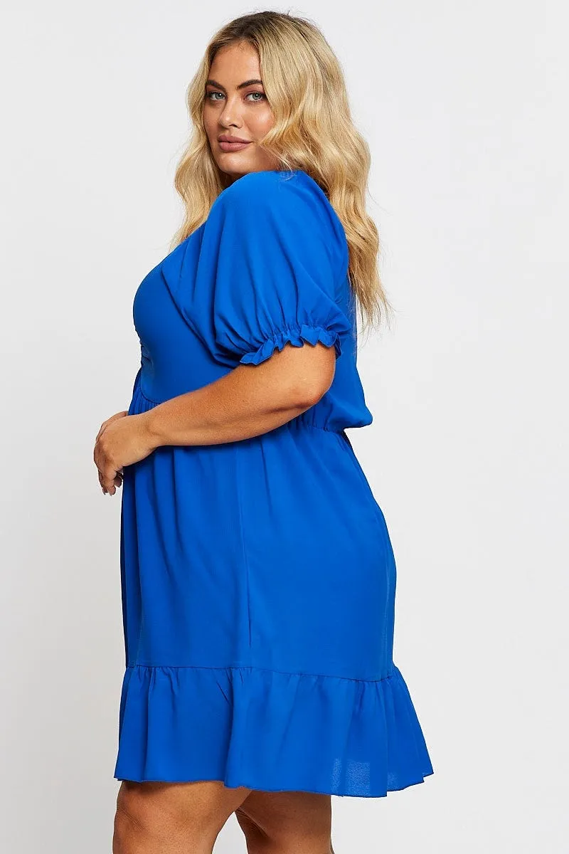 Show Edge Mid Blue Short Puff Sleeve Gather Frill Hem Dress