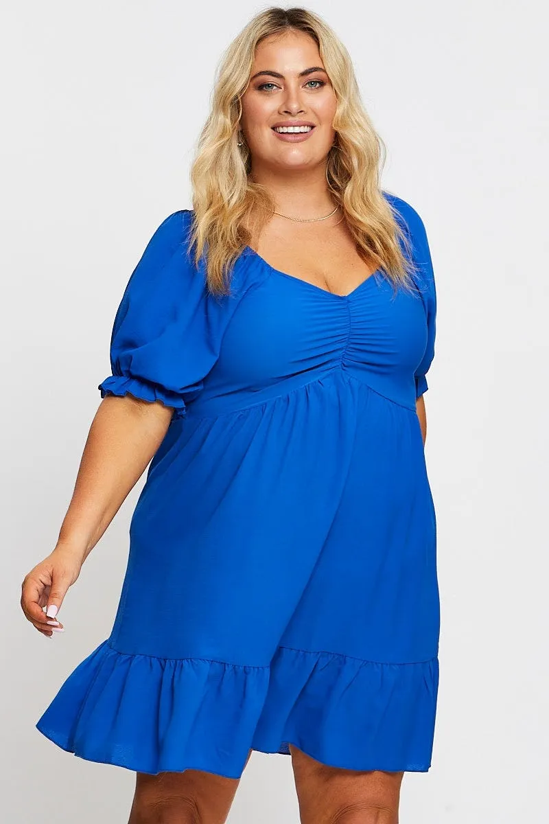 Coquette Feel Mid Blue Short Puff Sleeve Gather Frill Hem Dress