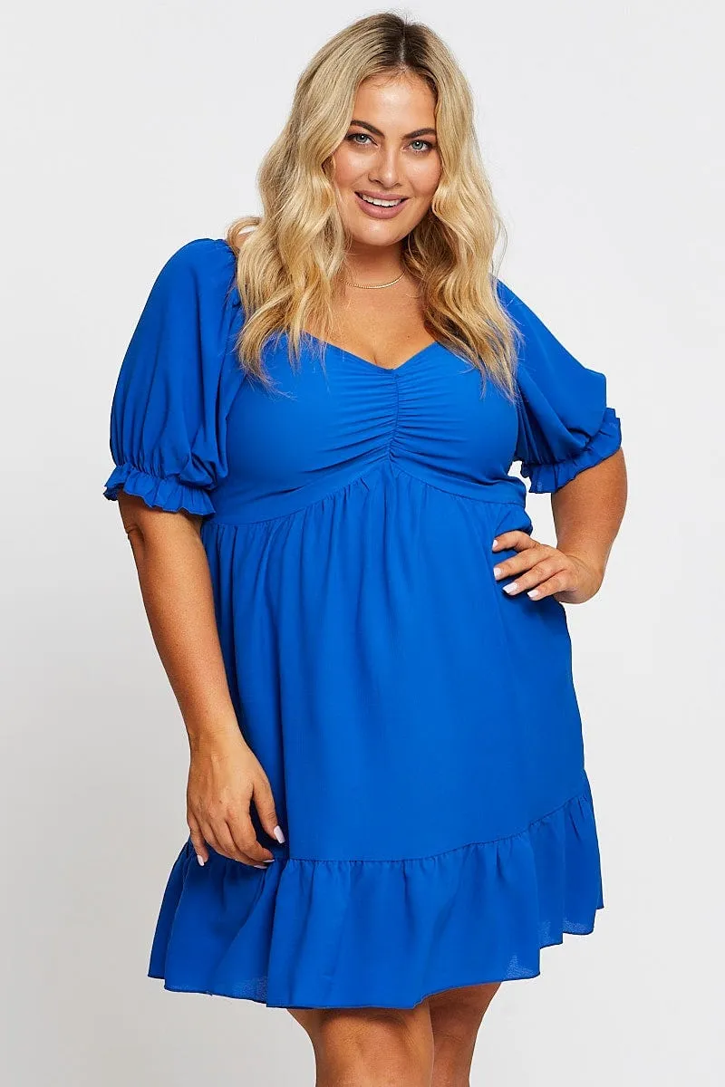 Elegant short formal gown Slim Profile Mid Blue Short Puff Sleeve Gather Frill Hem Dress