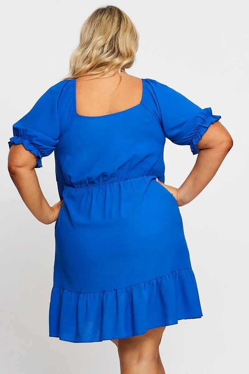 Modern body-hugging short dress Mid Blue Short Puff Sleeve Gather Frill Hem Dress