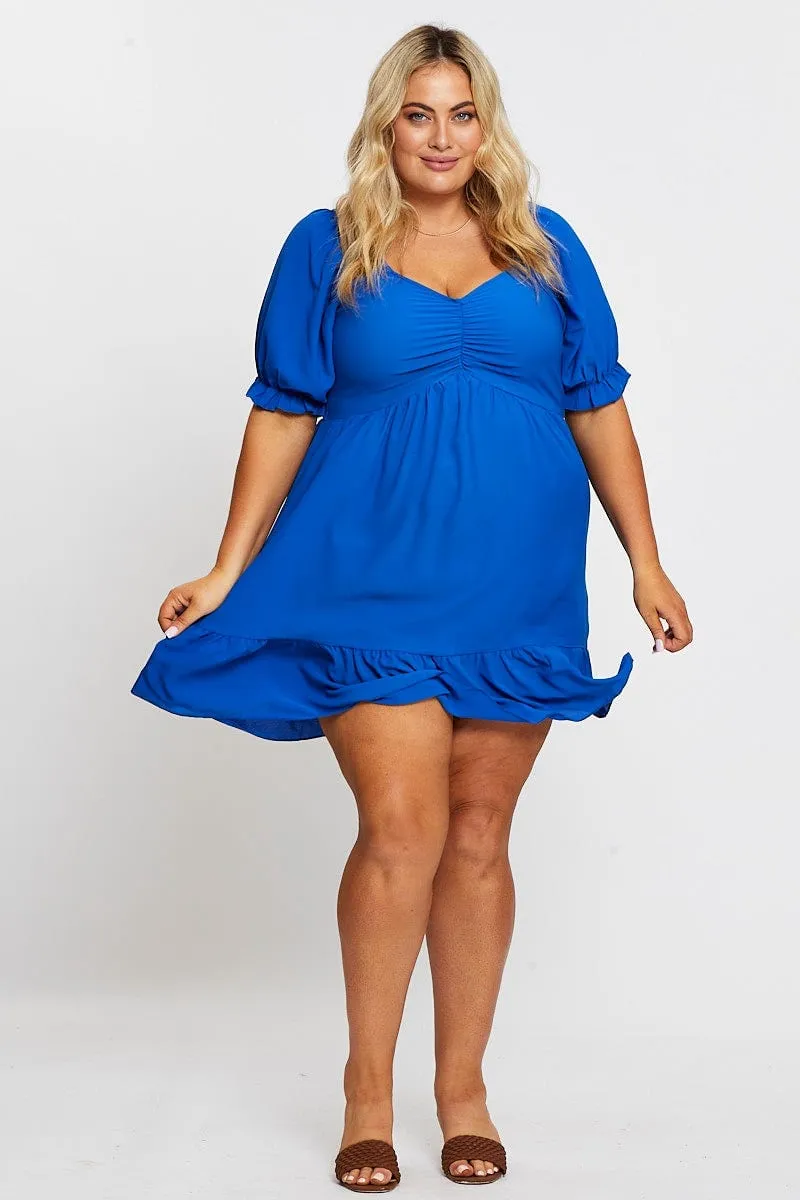 Mid Blue Short Puff Sleeve Gather Frill Hem Dress Neon Mood City Shine