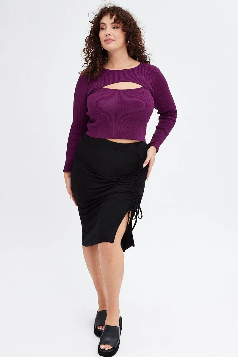 Black Bodycon Midi Skirt Drawstring Rib music concert Airy Look