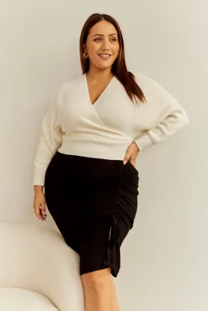 Elasticized Cuff Breathable Black Bodycon Midi Skirt Drawstring Rib